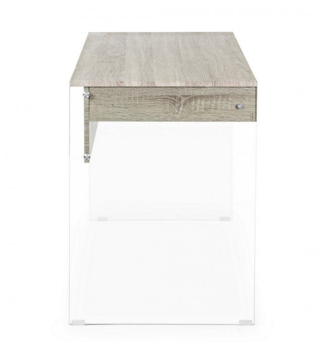 Bureau design Armos en bois naturel 1 tiroir et pieds en verre 110x55x 76h cm