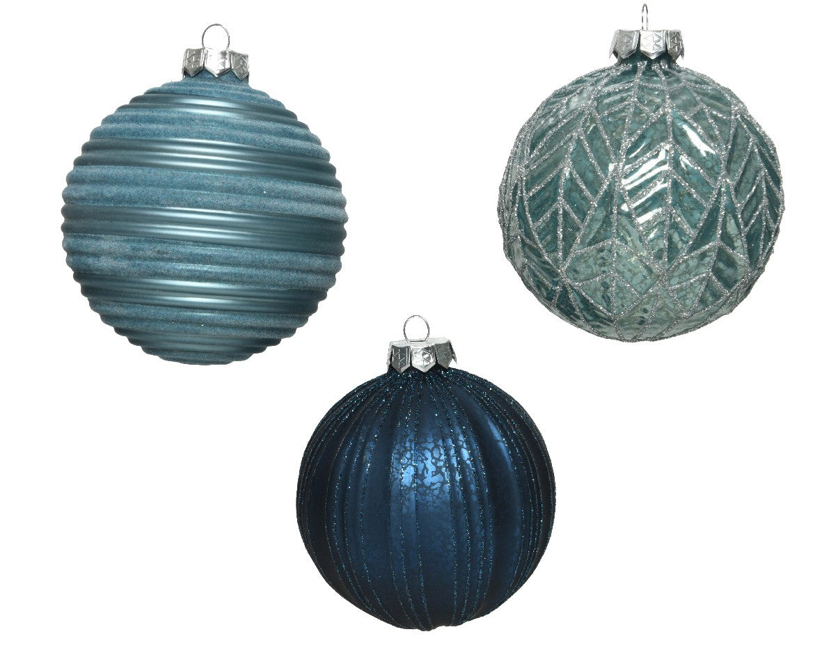 Boule de Noël assortie en verre bleu pailleté 10 cm, 1 pièce