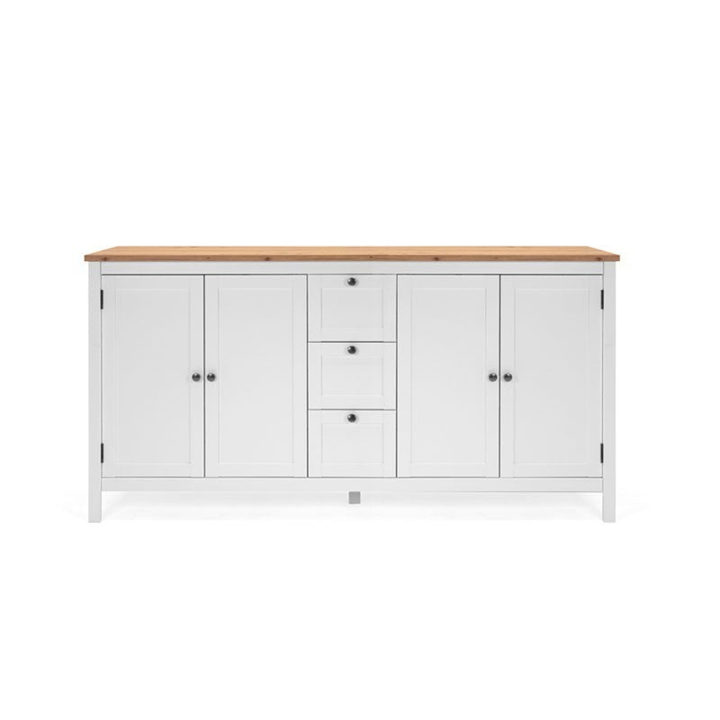 Buffet blanc 4 portes 3 tiroirs avec plateau en chêne 180x40xh.90 cm