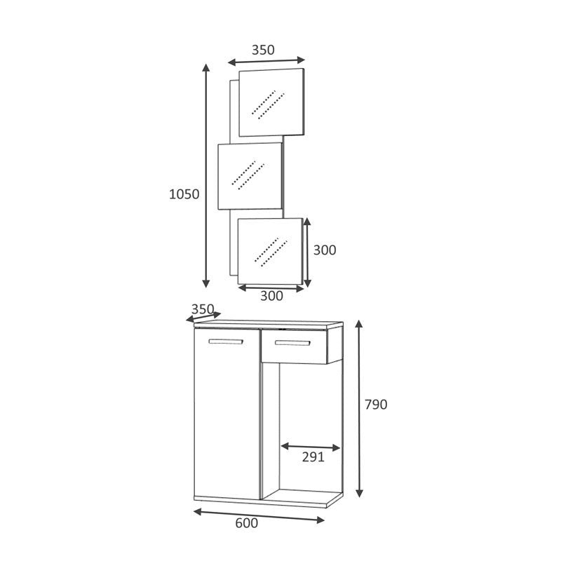 Meuble d'entrée avec miroir 1 porte 1 tiroir chêne blanc 60x35xh.186 cm