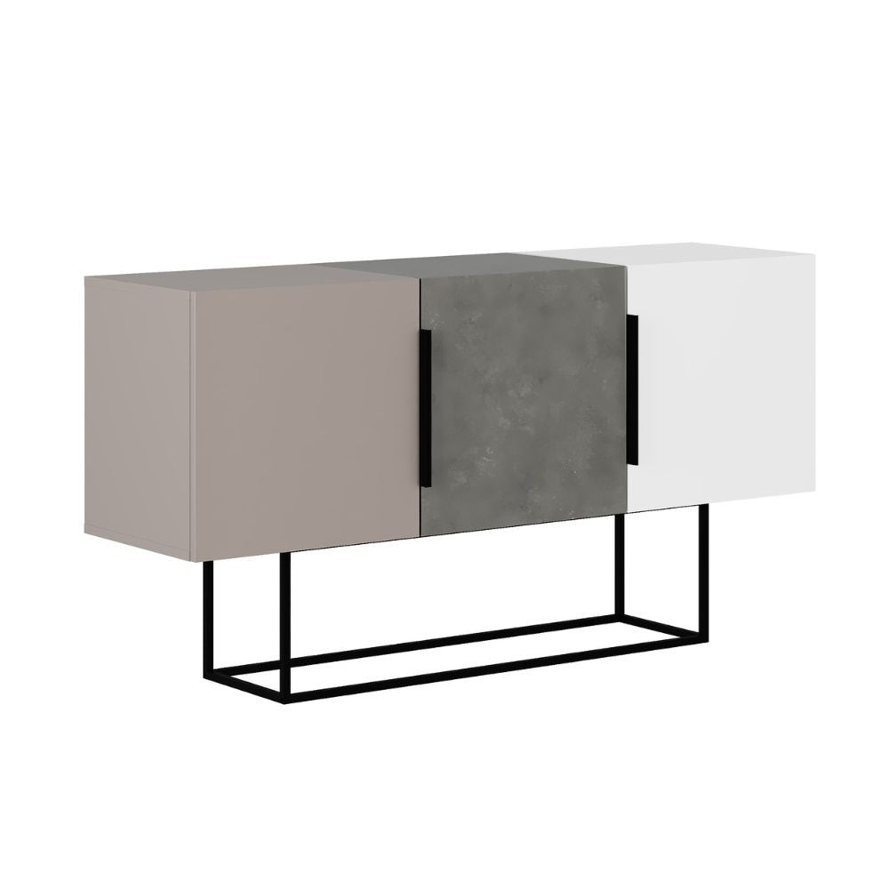 Buffet Tontini 3 portes gris tourterelle béton blanc 150 cm