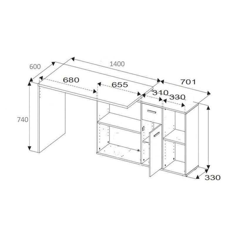 Bureau réversible blanc avec 4 compartiments blancs 210x60xh.74 cm