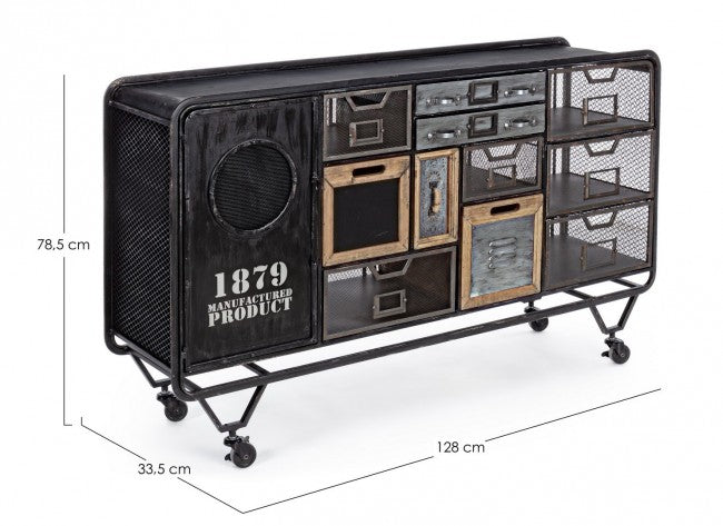 Buffet en acier avec une porte et onze tiroirs Anthracite LIVERPOOL 128x33,5x h78,5 cm