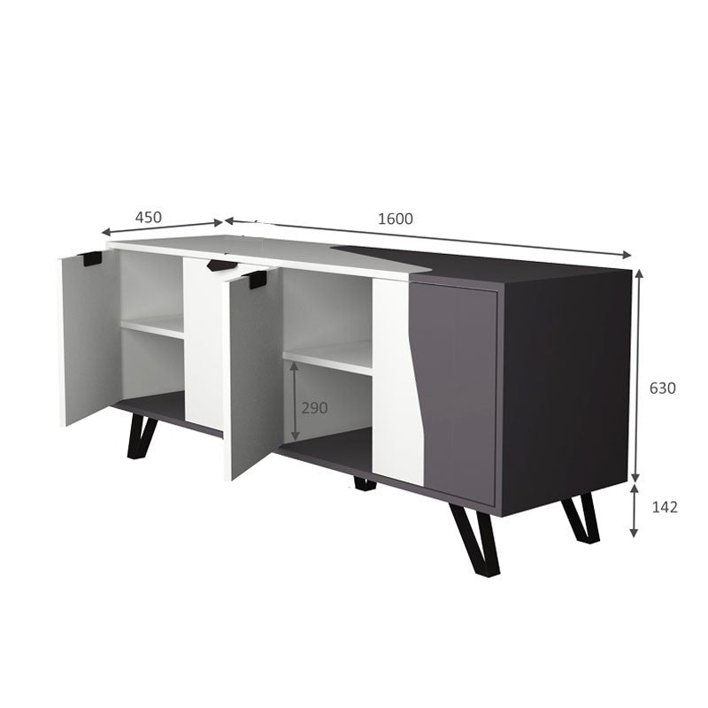 Buffet 4 portes blanc gris 160x45xh.77 cm