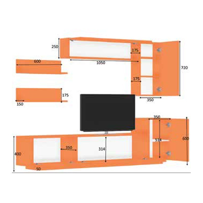 Élément mural à 3 abattants et éléments hauts en chêne blanc 200x35xh.40-60 cm