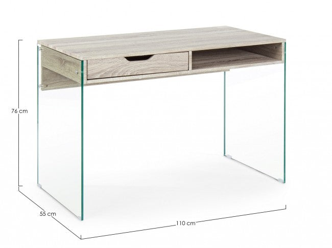 Bureau design Armos en bois naturel 1 tiroir et pieds en verre 110x55x 76h cm