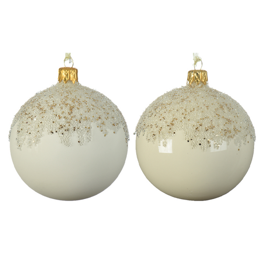 Boule de Noël blanc laiteux décorée de paillettes sur le dessus, Ø8 cm