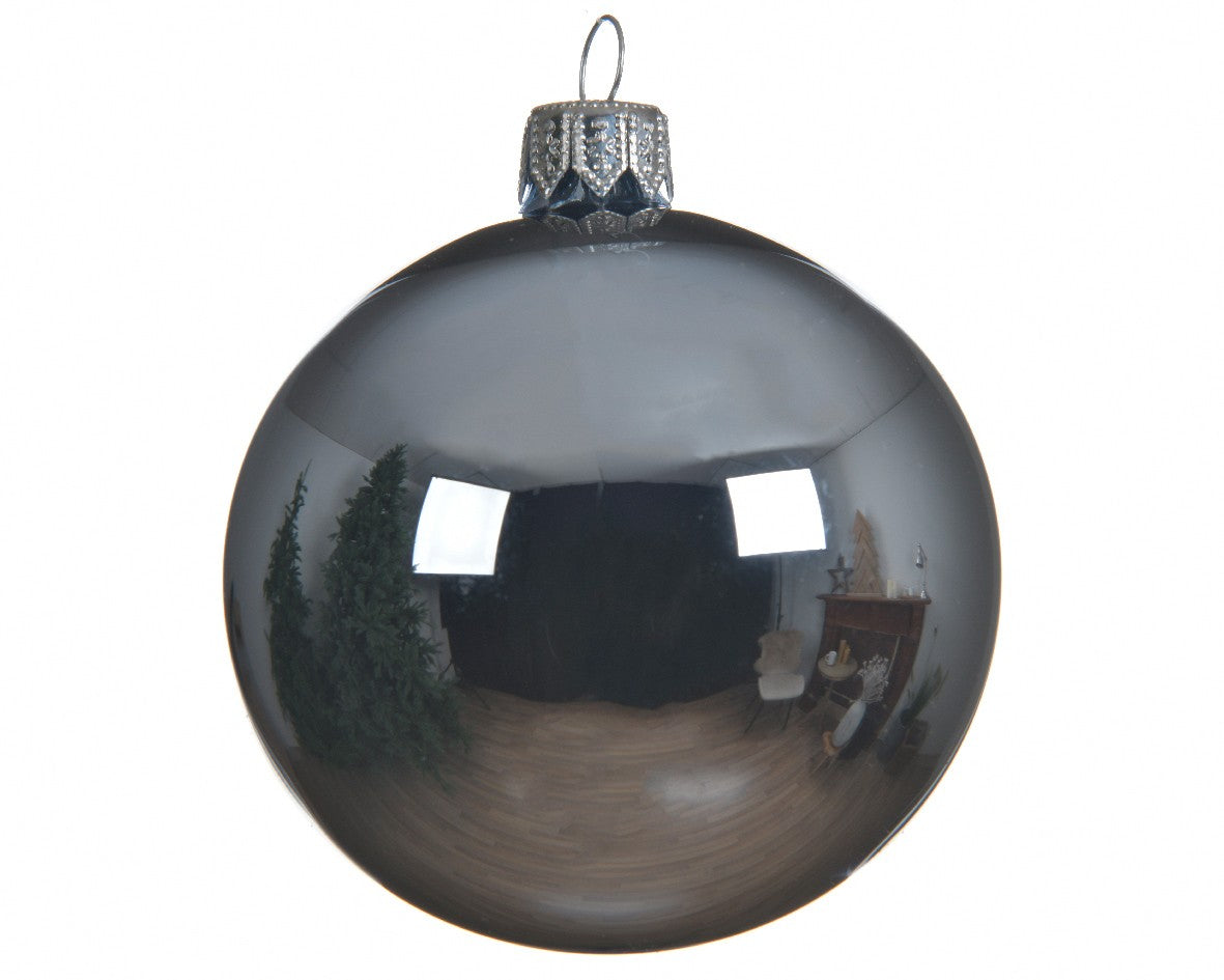 Décoration de sapin de Noël, boule en verre gris brillant, 8 cm