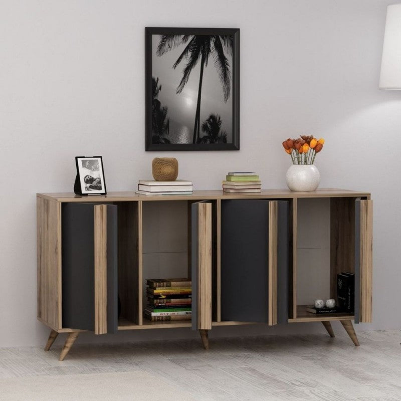 Buffet 4 portes en noyer anthracite 160x40xh.79 cm 