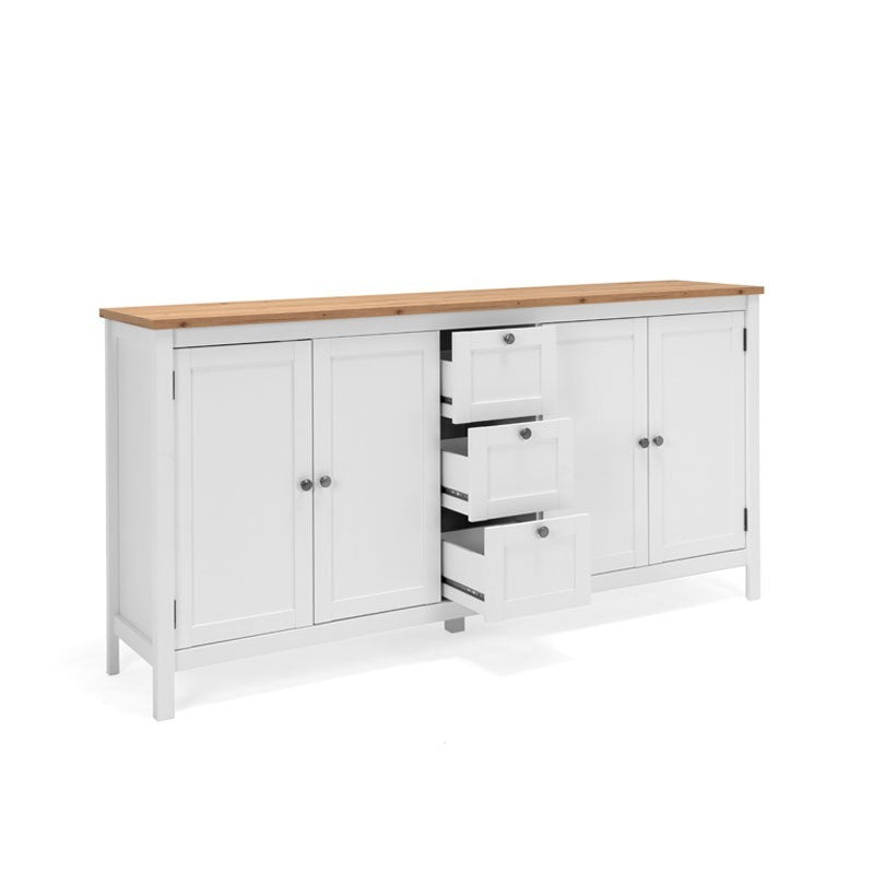 Buffet blanc 4 portes 3 tiroirs avec plateau en chêne 180x40xh.90 cm