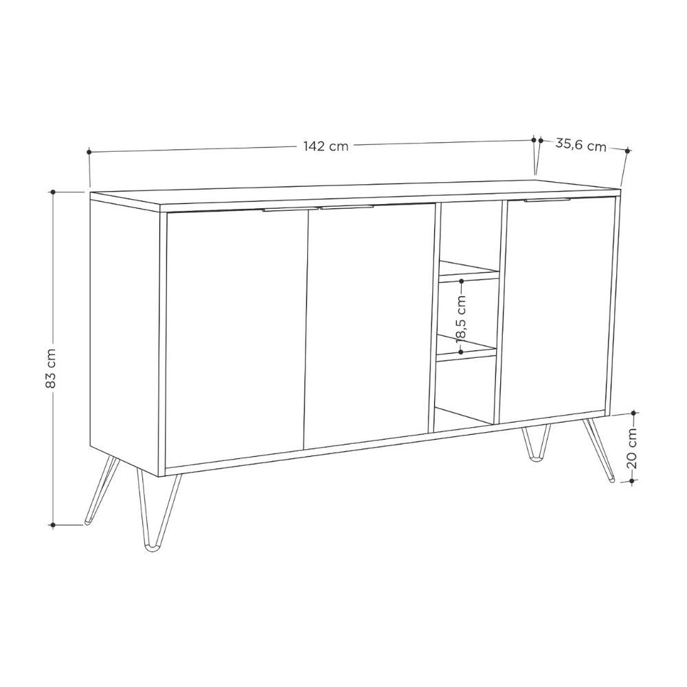 Buffet Clara chêne chêne 3 portes anthracite 142x35,5x83h