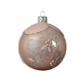 Boule de Noël sphère de Noël en verre rose blush avec branches pailletées 8 cm