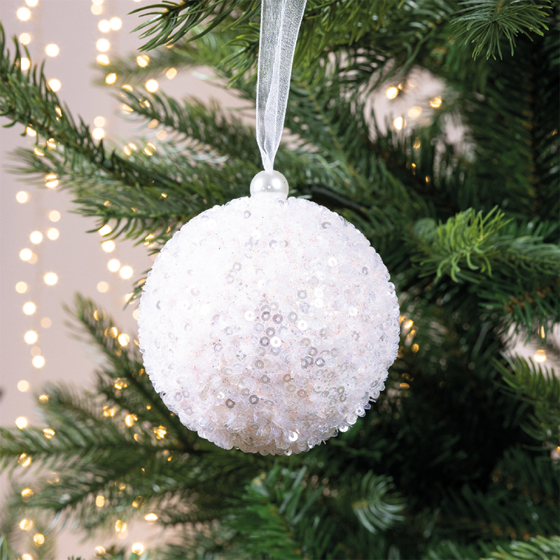 Boule de Noël recouverte de paillettes blanches Ø8 cm