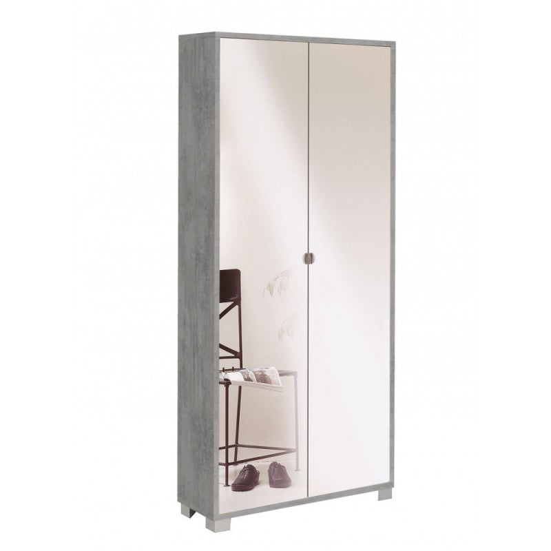 Armoire polyvalente fine avec deux portes miroir et huit étagères Beton Cemento 83x29x h190 cm