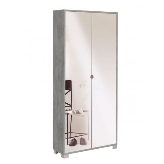 Armoire polyvalente fine avec deux portes miroir et huit étagères Beton Cemento 83x29x h190 cm