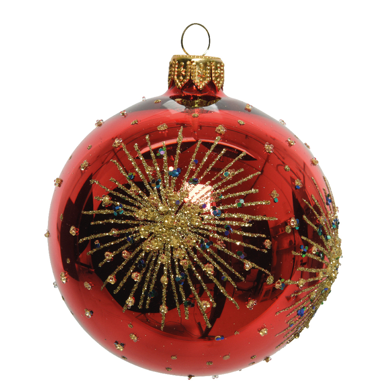 Boule de Noël rouge avec décorations dorées Ø8cm