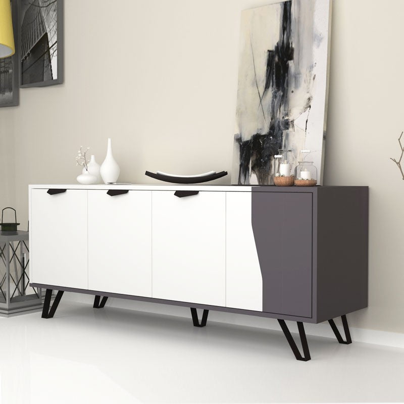 Buffet 4 portes blanc gris 160x45xh.77 cm