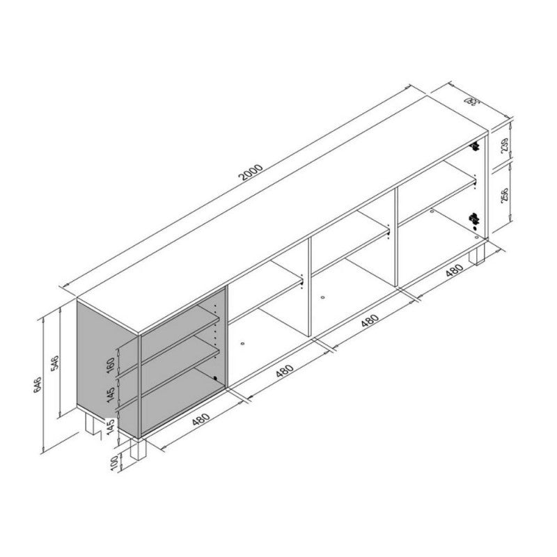 Buffet 3 portes en chêne blanc 200x35xh.64,5 cm