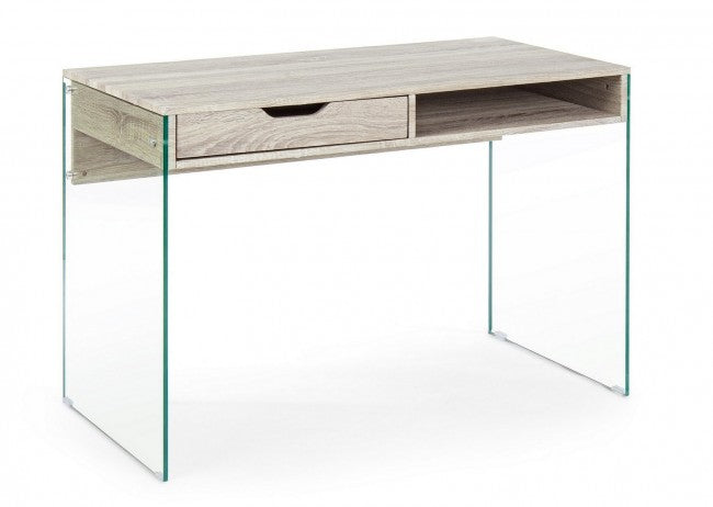 Bureau design Armos en bois naturel 1 tiroir et pieds en verre 110x55x 76h cm