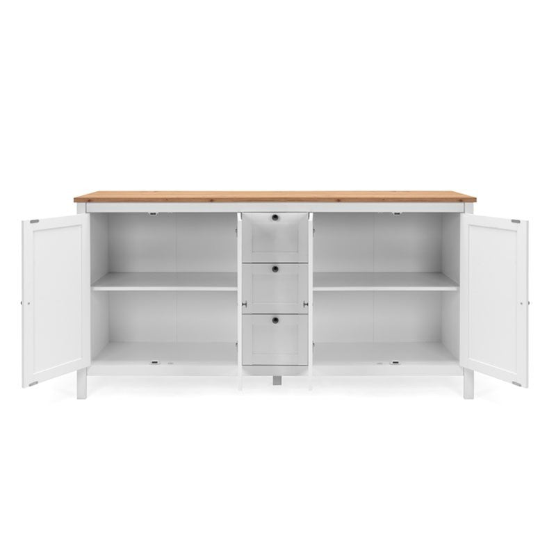 Buffet blanc 4 portes 3 tiroirs avec plateau en chêne 180x40xh.90 cm